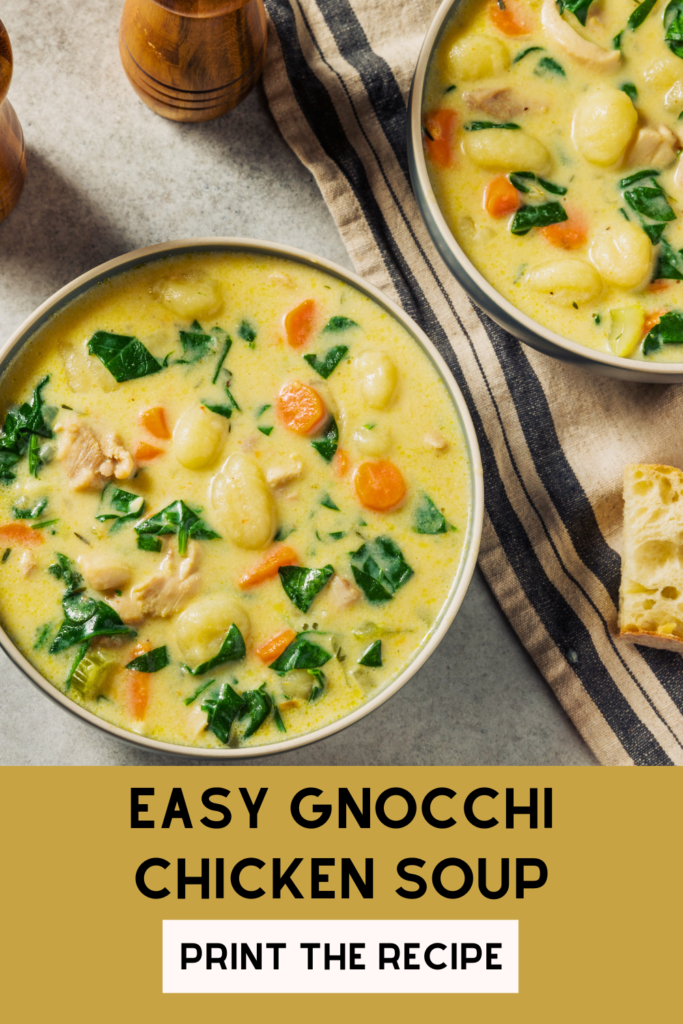 Easy Gnocchi Chicken Soup Recipe - Get ready to cook a flavorful soup that is a complete meal! Gnocchi soup is the ultimate comfort food. It tastes like the chicken gnocchi soup from the Olive Garden. Print the gnocchi soup recipe and make it! You will love it. go to DearCreatives.com 