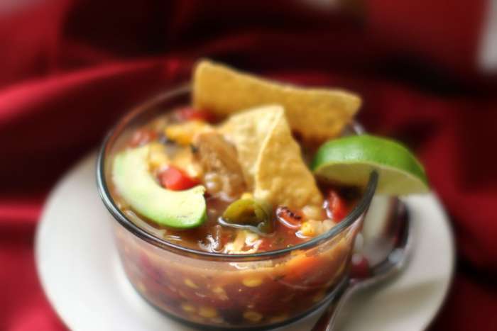 homemade soup | chicken tortilla soup with corn close up