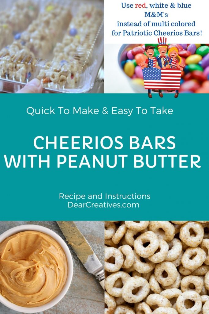 Cheerios Bars With Peanut Butter - Cheerios Bars With Peanut Butter These cheerios treats can be made with different colored M&M's to go with your party themes! No-Bake Treat With Cheerios, peanut butter, marshmallows and M&M's... Example use red, white and blue M&M's to make a patriotic treat! Grab the treat recipe at DearCreatives.com