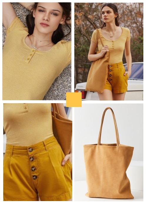 short, and tee shirt with slouchy bag mustard color