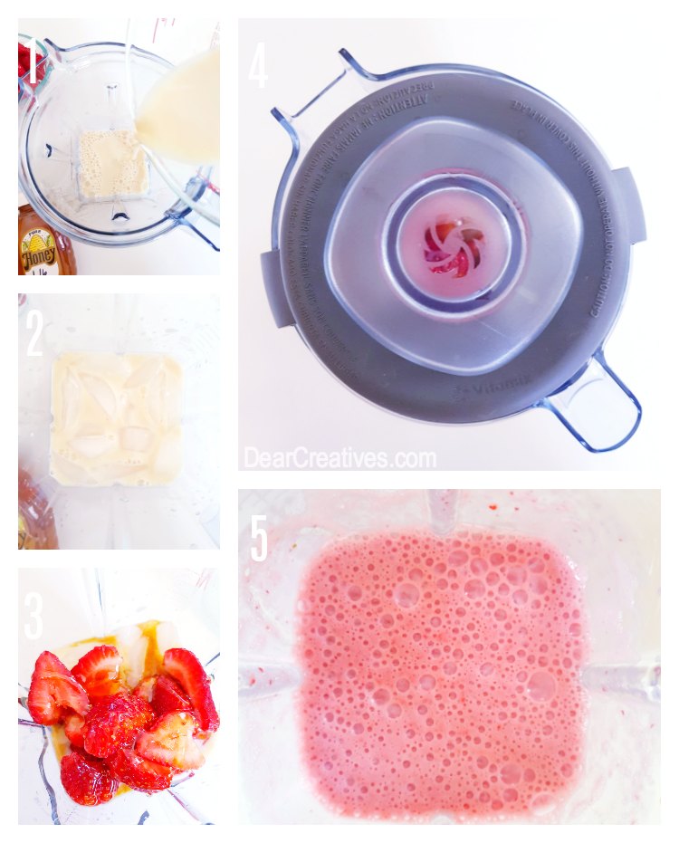 strawberries, organic honey, soy milk, ice, vanilla for a strawberry smoothie DearCreatives.com