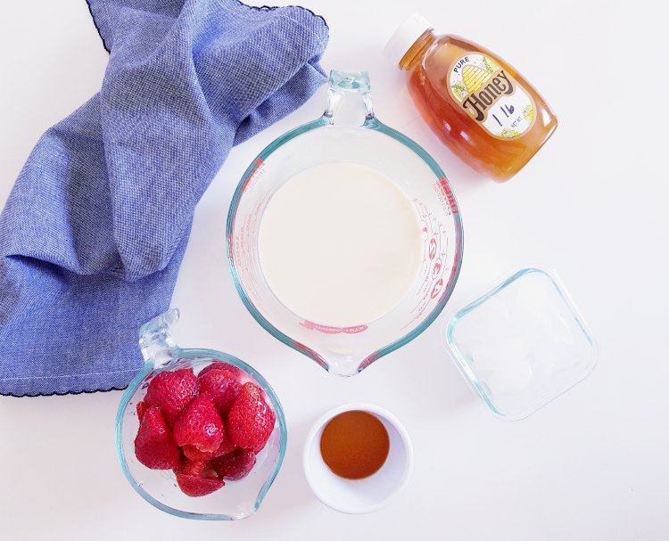 strawberries, organic honey, soy milk, ice, vanilla for a strawberry smoothie DearCreatives.com