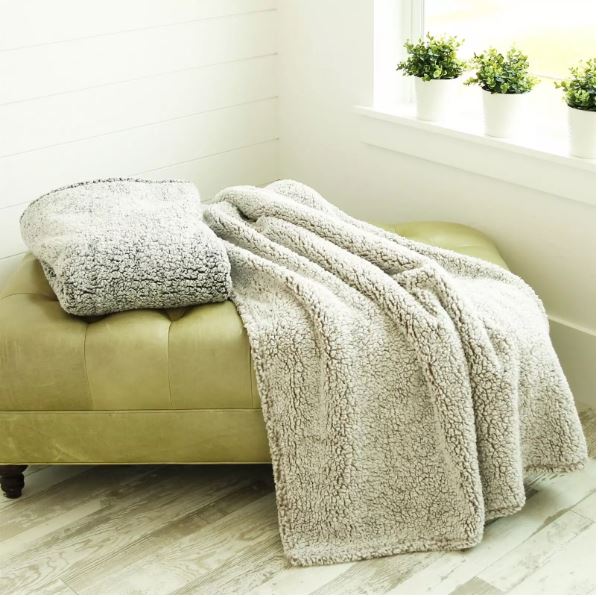 soft cozy sherpa blanket for fall or winter. this is a great blanket to toss over a chair or wrap in. Add this to your home decor's accent must haves. 