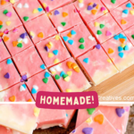 Strawberry Fudge - Easy to make white chocolate fudge with strawberry layer. Add the optional sprinkles. Perfect for Valentine's Day, Easter, or your next celebration. Step-by-step images with instructions for this homemade strawberry cream fudge recipe! Click over for the recipe and instructions.