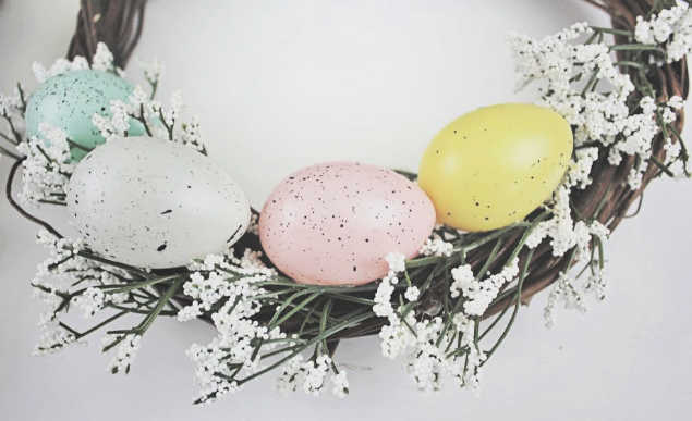 Repeat the process of adding eggs to the wreath- See full instructions and how to make an Easter egg wreath at DearCreatives.com