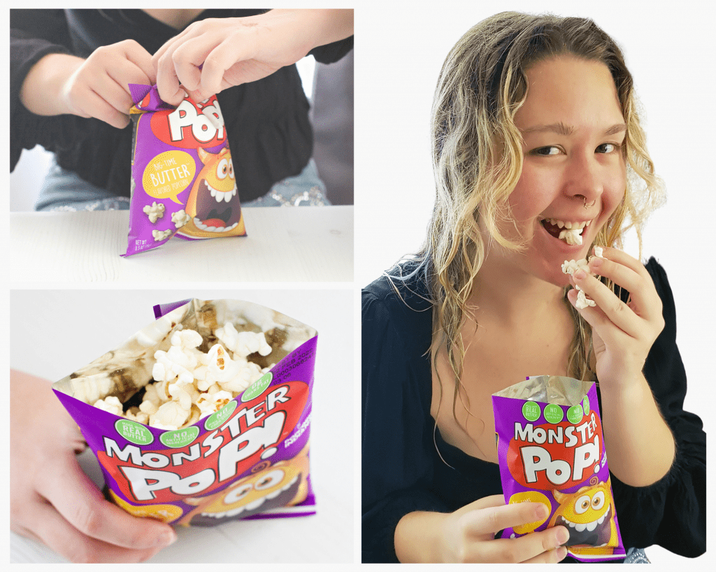 Discount code for Monster Pop packaged popcorn individual sizes and large packages for serving at Halloween and monster-themed parties! Plus grab a Halloween Party DIY for serving packaged treats -DearCreatives.com