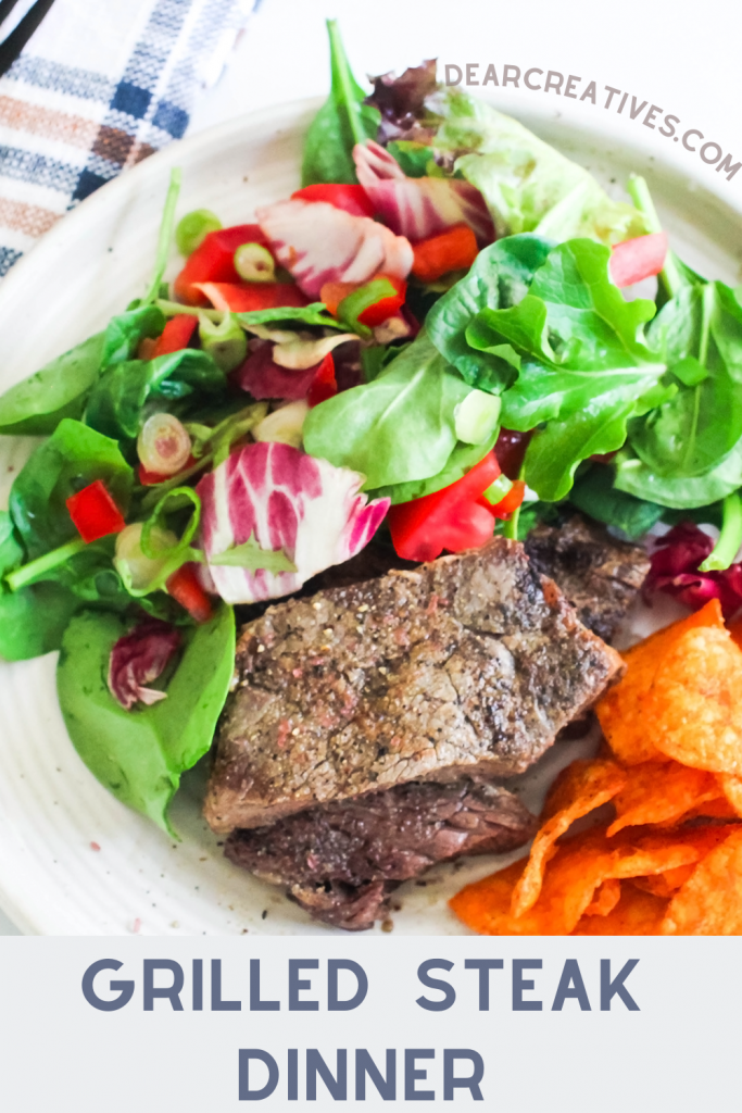 Grilled Steak Dinner - Add steak seasonings, grill, let the meat rest a few minutes. Serve with side dishes for grilled steak and enjoy! See how to at DearCreatives.com