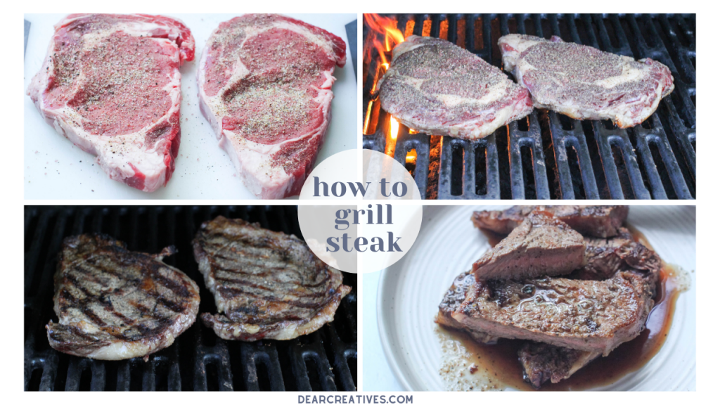 Steak With Seasonings before grilling, Steak on the grill, Steak that was flipped on the grill, steak resting on the plate with juices - See how to grill steak at DearCreatives.com