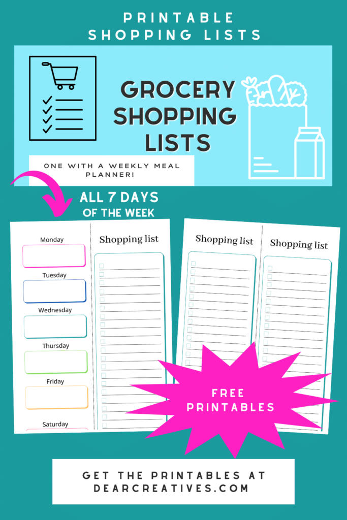 Grocery Shopping List - Printable Grocery Shopping Lists - Plus, meal planner - Print these and more styles of shopping lists at DearCreatives.com