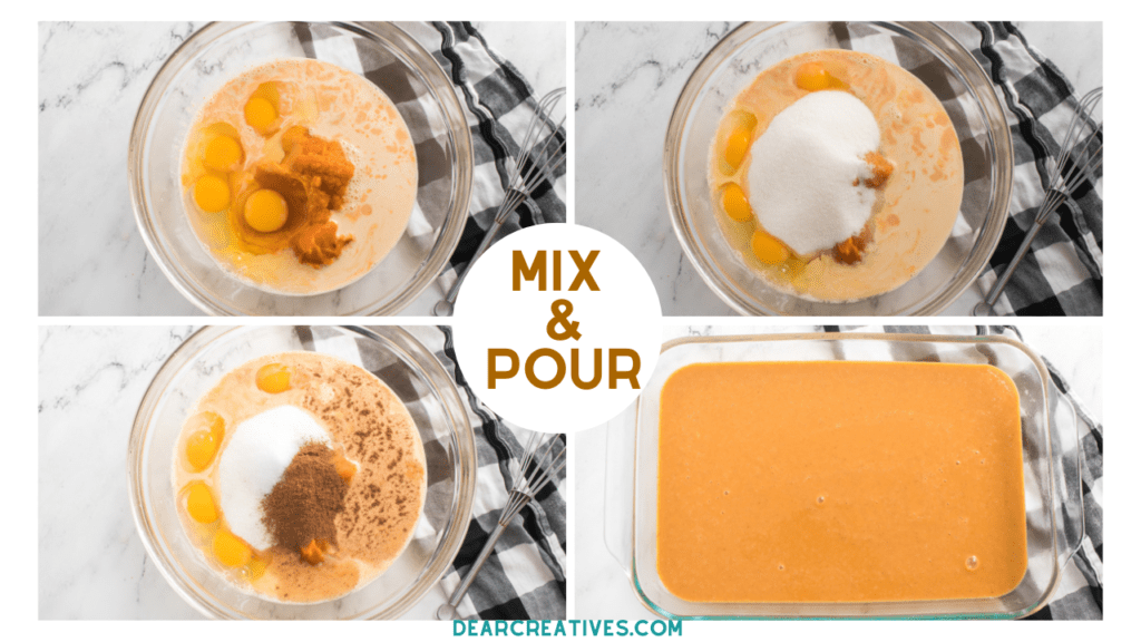 Step 2 mixing ingredients for the recipe for pumpkin dump cake - Then pour it into a 9 x 13 size baking pan... DearCreatives.com