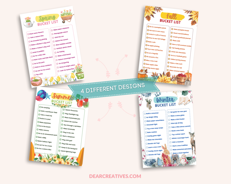 Printable Bucket List with the Four Seasons - Spring, Summer, Fall, and Winter Bucket list printables - Printable Seasons Bucket List DearCreatives.com