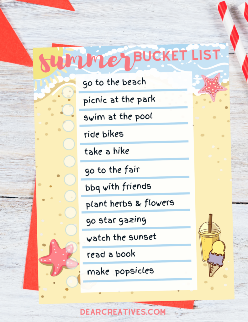 Summer Bucket List Printable - Get the download, print it and cross off all the summer activities you do! There is a 2nd version that has a blank summer bucket list template. DearCreatives.com