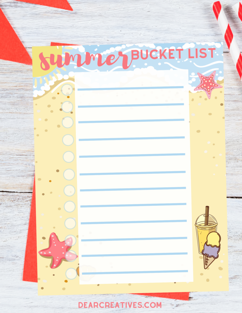 Summer Bucket List Template Printable - Add summer activities you want to do and check them off as you do them DearCreatives.com