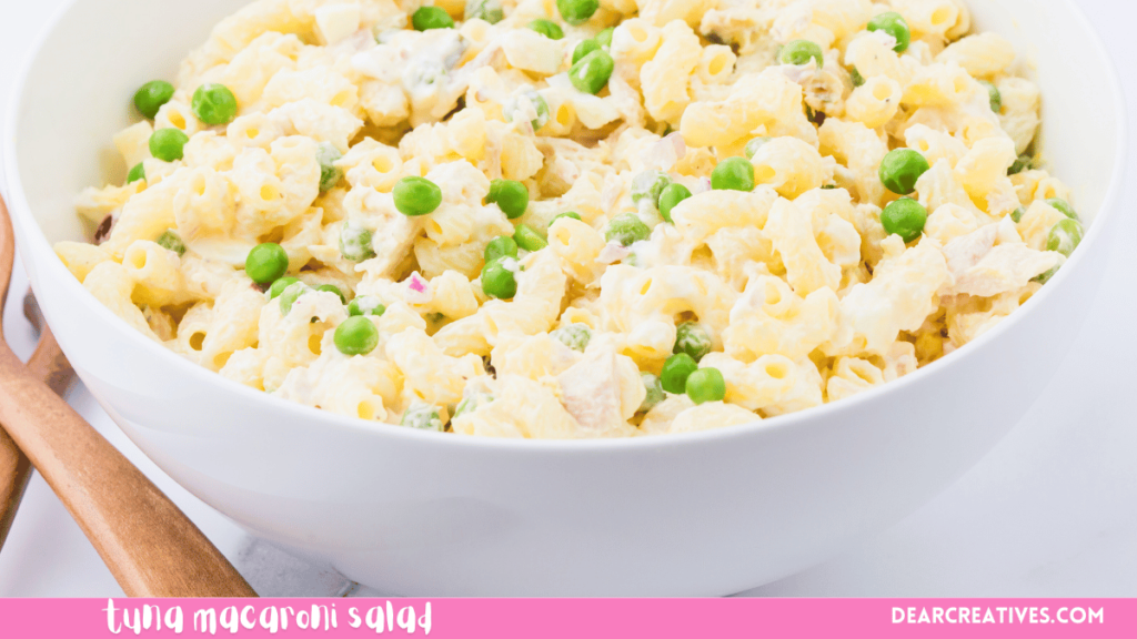 Tuna Macaroni Salad made with macaroni noodles, albacore tuna (white tuna), relish, mayo, red onion, peas, and spices. Make it and enjoy for a dinner or side dish - DearCreatives.com