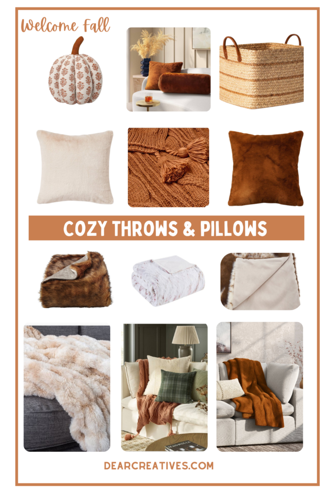 Get ready for fall with these cozy throw blankets and throw pillows for your living rooms, sofas, and chairs... DearCreatives.com