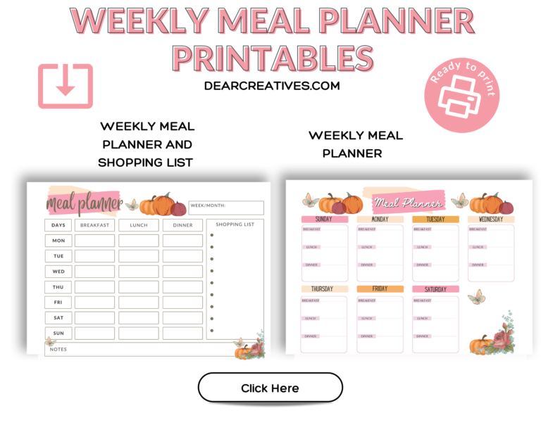 Weekly Meal Planner Printable - Set of two different styles of weekly meal planners. One meal planner and a shopping list... Click over to find out more! They are so pretty! DearCreatives.com