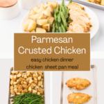 Chicken Sheet Pan Meal - This is an easy chicken dinner made all on one or two sheet pans. Get this recipe for Parmesan Crusted Chicken Breasts. Click here to get the recipe! DearCreatives.com