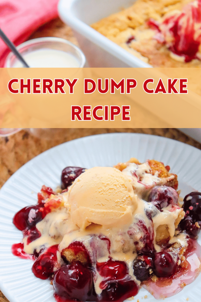 Cherry Dump Cake Recipe - A simple cherry dump cake that is quick and easy to make! Top with vanilla ice cream or whipped cream, or cool whip topping. The Best Cherry Dump Cake Cobbler. It is sure to become your favorite dessert for so many occasions and holidays! DearCreatives.com closeup image of cherry cobbler