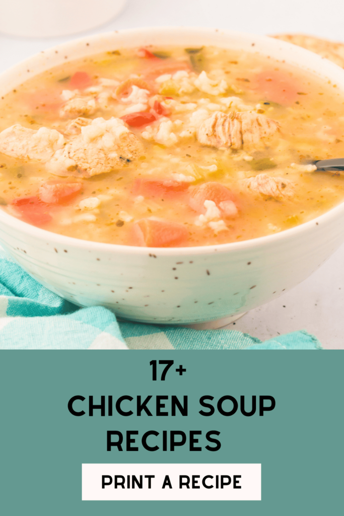 Chicken soup Find over 17 chicken soup recipes to make. Easy, a variety of soups with rice, noodles, potatoes, creamy, light, broth, flavorful, tortilla... Print a recipe DearCreatives.com