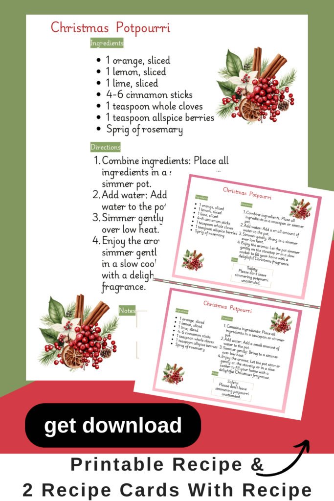 Christmas Potpourri Printable Recipe  1 sheet and 2 Recipe cards on one sheet. DearCreatives.com 