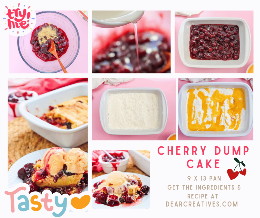 How To Make a Cherry Dump Cake Ingredients, Step-by-step-instructions9x 13 pan, 1 can cherry pie filling, cake mix,.. Get tips and print the recipe at DearCreatives.com 