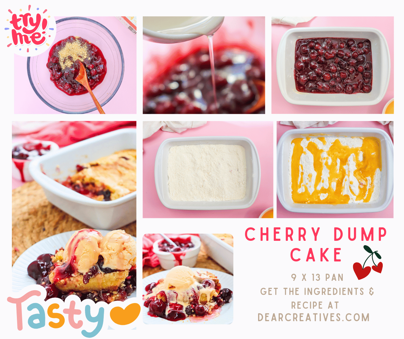 How To Make a Cherry Dump Cake Ingredients, Step-by-step-instructions9x 13 pan, 1 can cherry pie filling, cake mix,.. Get tips and print the recipe at DearCreatives.com