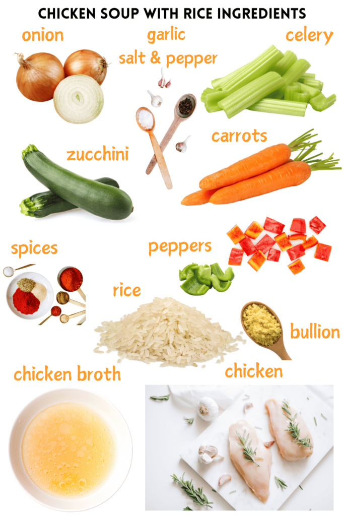 Ingredients for Chicken Soup With Rice - Chicken Breasts (boneless skinless), Onion, Garlic, Celery, Carrots, Zucchini, Peppers, Spices, Rice, Chicken Bullion, Chicken Broth - Get the chicken soup at DearCreatives.com 