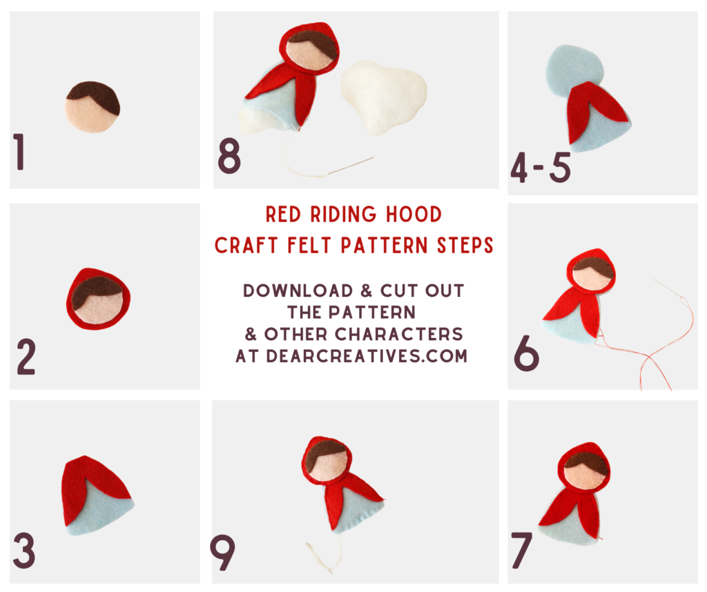 Instructions for how to assemble the felt Little Red Riding Hood Pattern and written instructions at DearCreatives.com