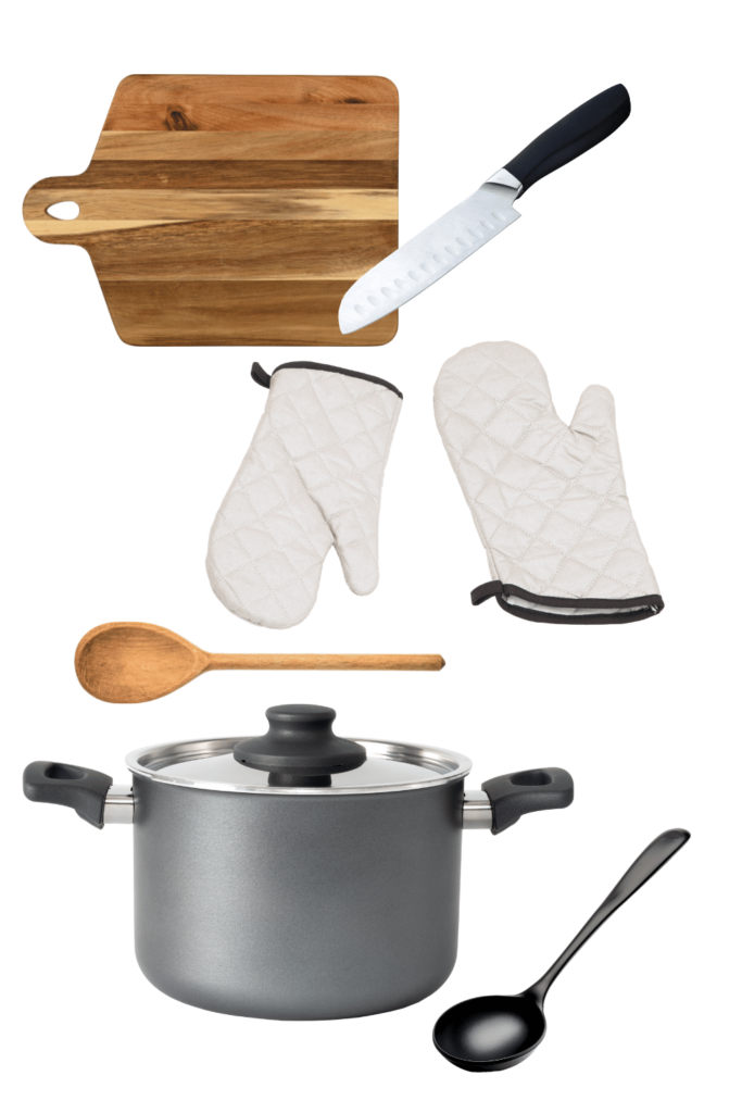 Kitchen tools for making soup Cutting board, chef knife, wooden spoon, soup pot, oven mitts, soup ladle. Get the chicken soup recipes at DearCreatives.com