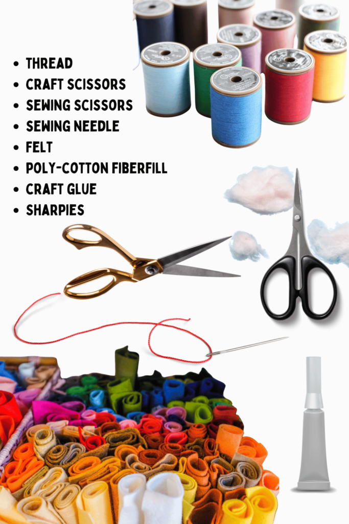 Materials and supplies for felt crafts - soft felt, thread, craft scissors, sewing scissors, sewing needle, thread, felt... Felt craft projects and felt patterns DearCreatives.com