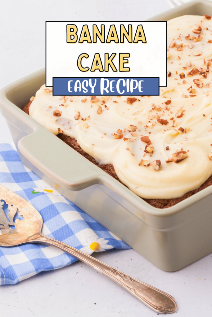 Banana Cake Easy Recipe no sour cream, easy to make and bake, 9 x 9 baking pan, cream cheese frosting... Click over to get the recipe!