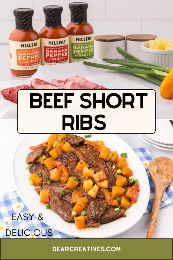 Beef Short Ribs Recipe - Cook this in the slow cooker, oven or on the grill! 5 ingredient, fall-off-the-bone-tender, Get the recipe for Tender Short Ribs with Flanken BBQ sauce and Pineapple chunks... Get the tips and print the recipe at DearCreatives.com 