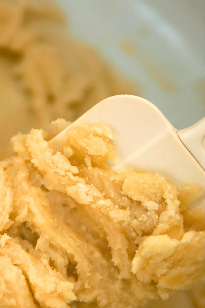 Close up of cookie dough being mixed for lemon cookies. Click over for the recipe.