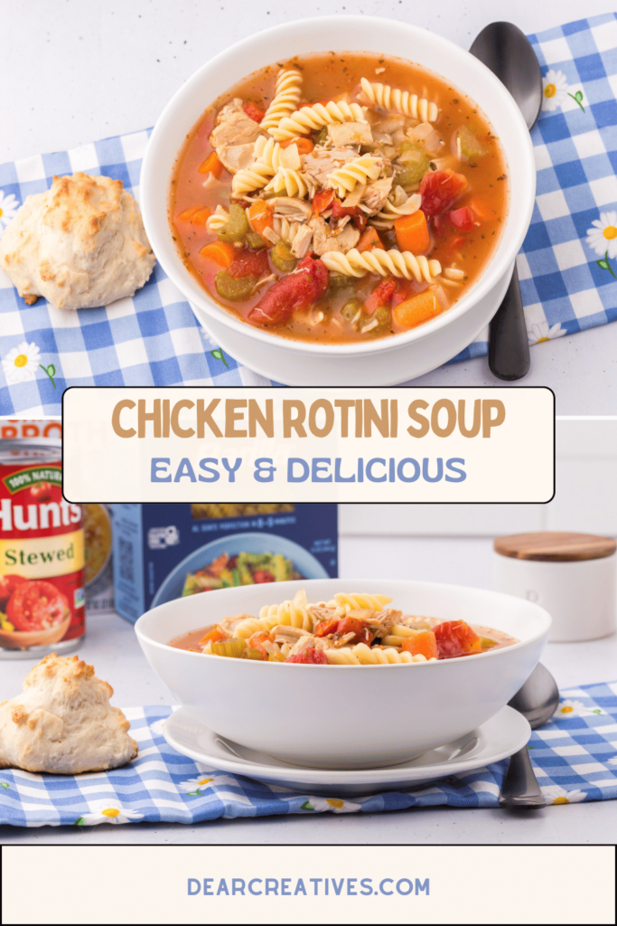 Easy and delicious chicken soup with rotini noodles and made with rotisserie chicken or pre-cooked chicken. Simple, easy & delicious! DearCreatives.com