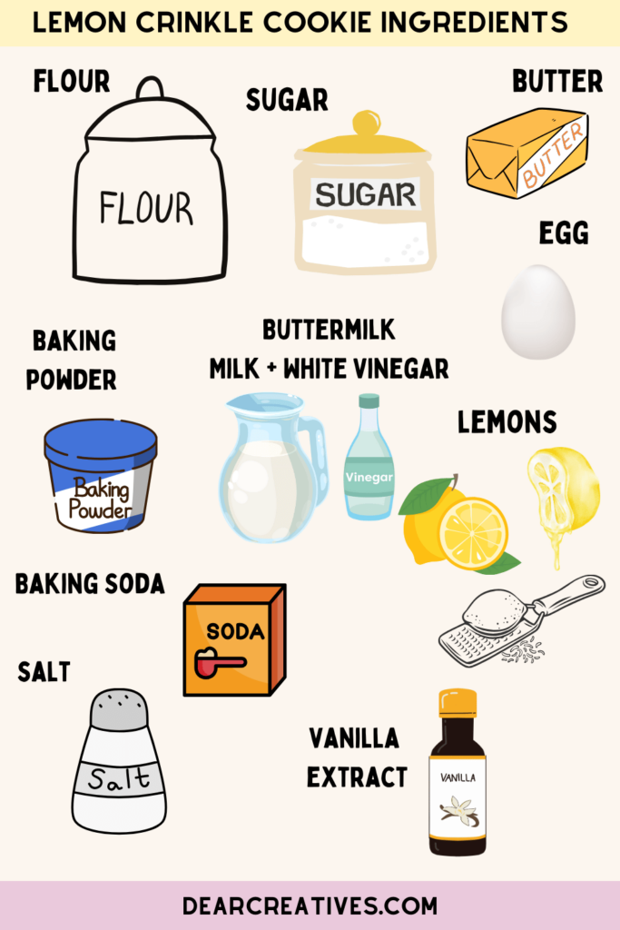 Ingredients for Lemon Crinkle Cookies print the easy lemon cookies recipe at at DearCreatives.com