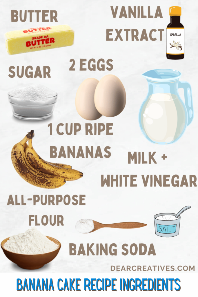 Ingredients for banana cake - butter, sugar, eggs, vanilla extract, butter milk (milk + vinegar), ripe bananas, flour, baking soda, salt Get the recipe at DearCreatives.com