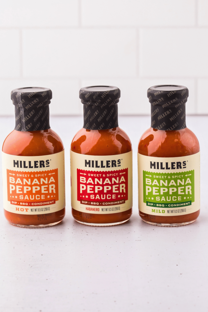 Miller's Sweet and Spicy Banana Pepper Sauce Dip, BBQ, Condiment in mild, habanero, and hot! Find out more and get the recipe at DearCreatives.com