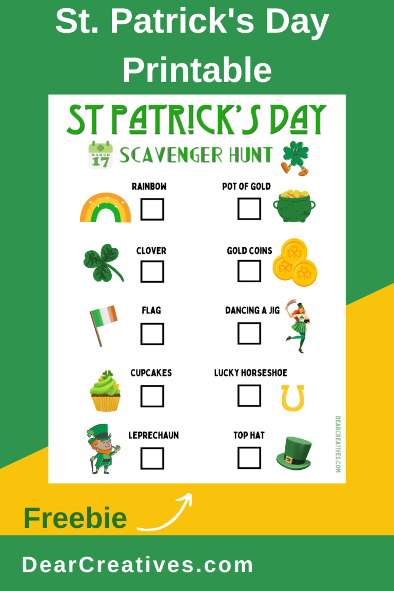 St. Patrick's Day Scavenger Hunt Printable - This worksheet is a fun and easy scavenger hunt for kids to do! Print this and more St. Patrick's Day Printables at DearCreatives.com