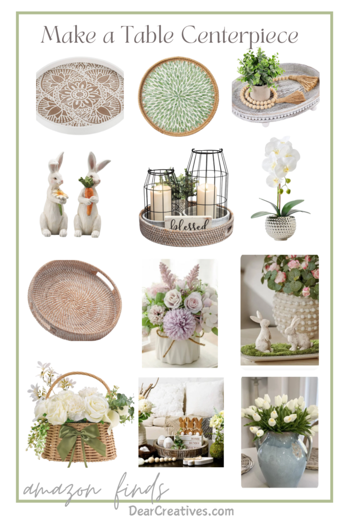 Easy Spring Centerpieces, Tablescapes and Trays to DIY Spring Decor Easily, decorative spring decorations, figurines such as bunnies , birds…