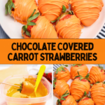 Chocolate Covered Strawberries in orange chocolate. Get this and more chocolate dipped strawberry recipes!