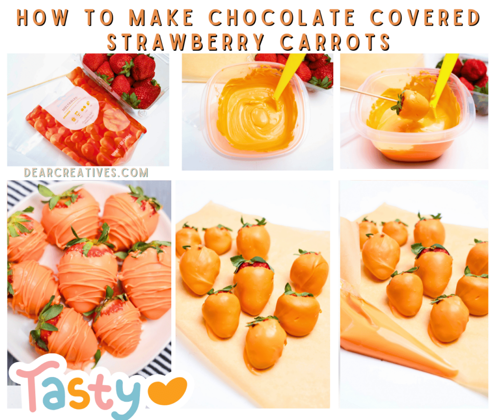 How to make chocolate covered strawberry carrots. Chocolate dipped strawberries recipe and tips with easy directions at DearCreatives.com