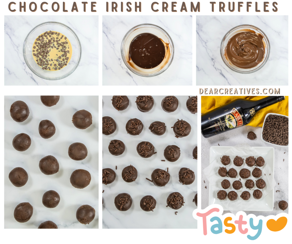 How to make chocolate truffles - Mix chocolate chips and Bailey's, melt, cool, roll balls, dip in more melted chocolate, add sprinkles. Repeat. Quick & easy recipe at  DearCreatives.com 