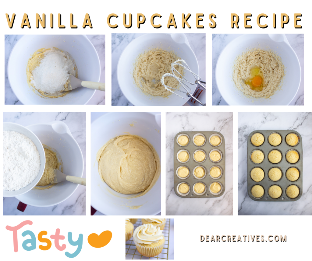 How to make vanilla cupcakes Recipe, steps, and easy directions at DearCreatives.com homemade vanilla cupcakes topped with buttercream frosting...