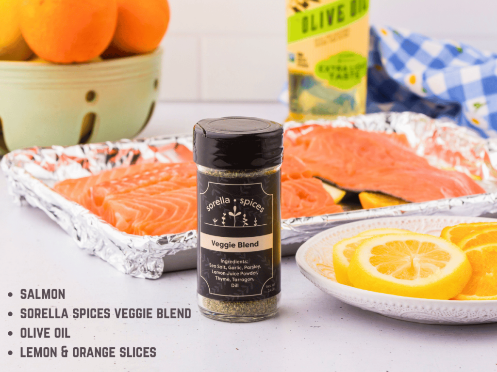 Salmon Dinner Recipe Ingredients Salmon, olive oil, veggie spice blend, lemon and orange slices. Get the directions and print the quick and easy salmon recipe at DearCreatives.com